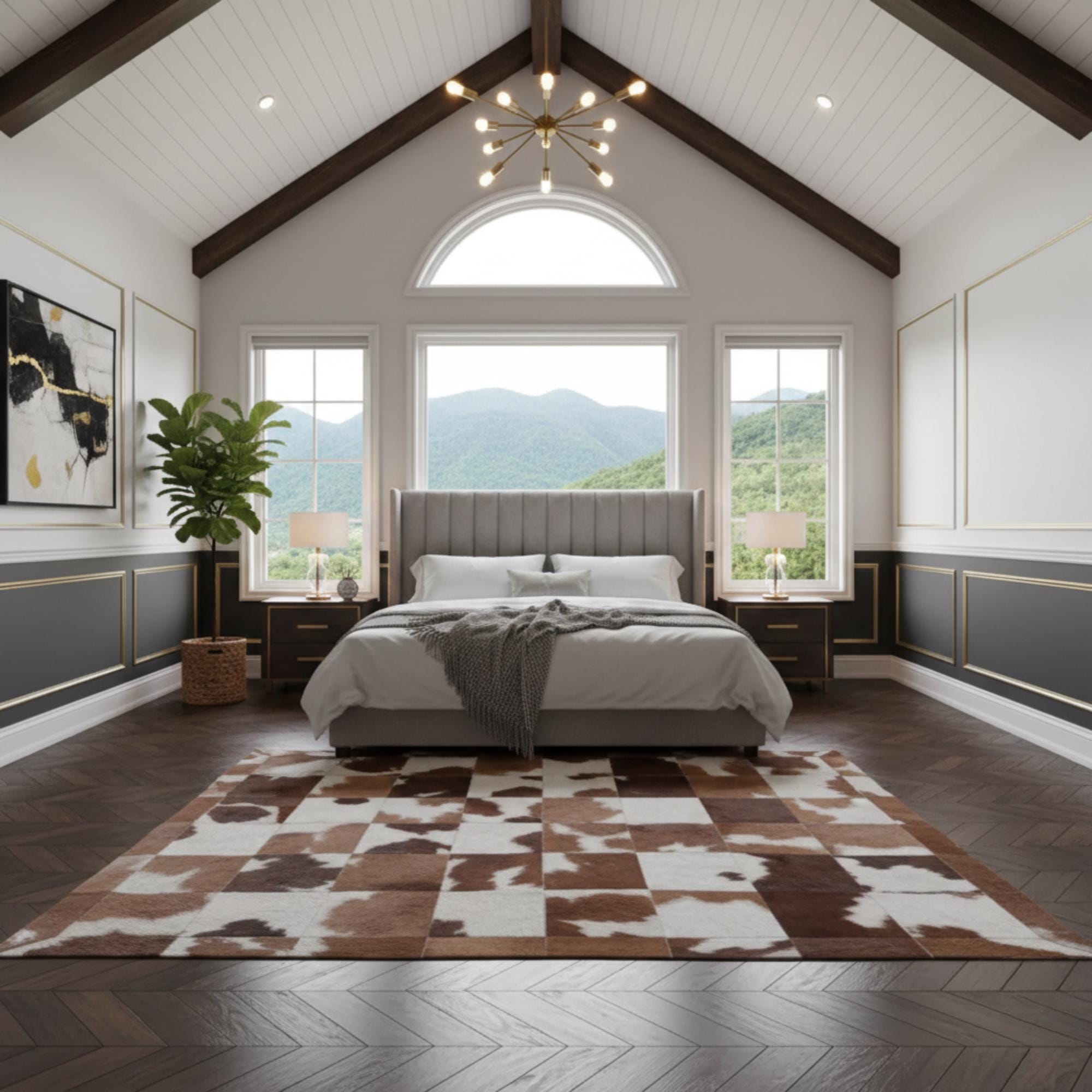 Brown Cowhide Rug, Beige and Tan Area Rug, Large Square Patchwork Mat