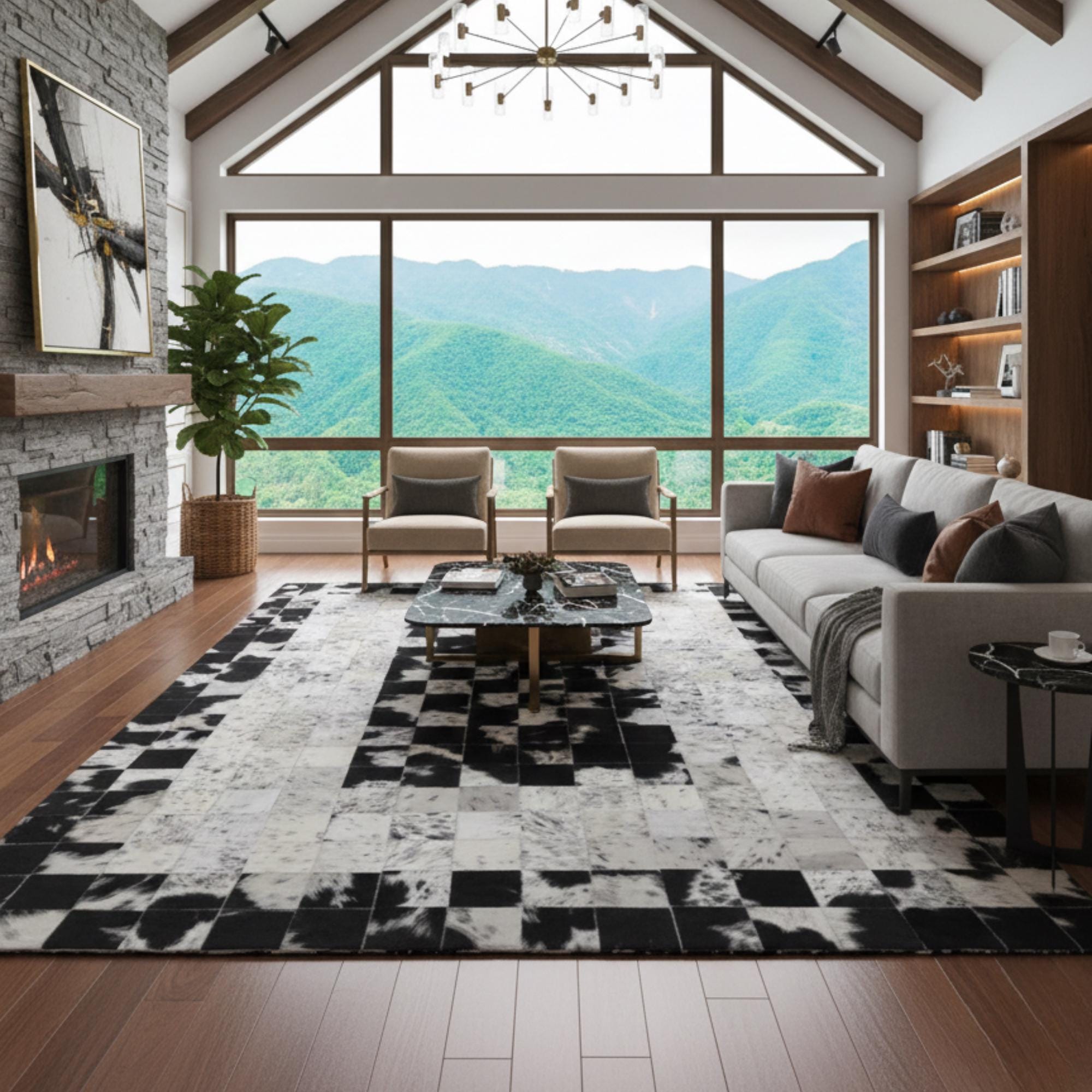 Black and White Cowhide Rug, Geometric Patchwork Area Rug,
