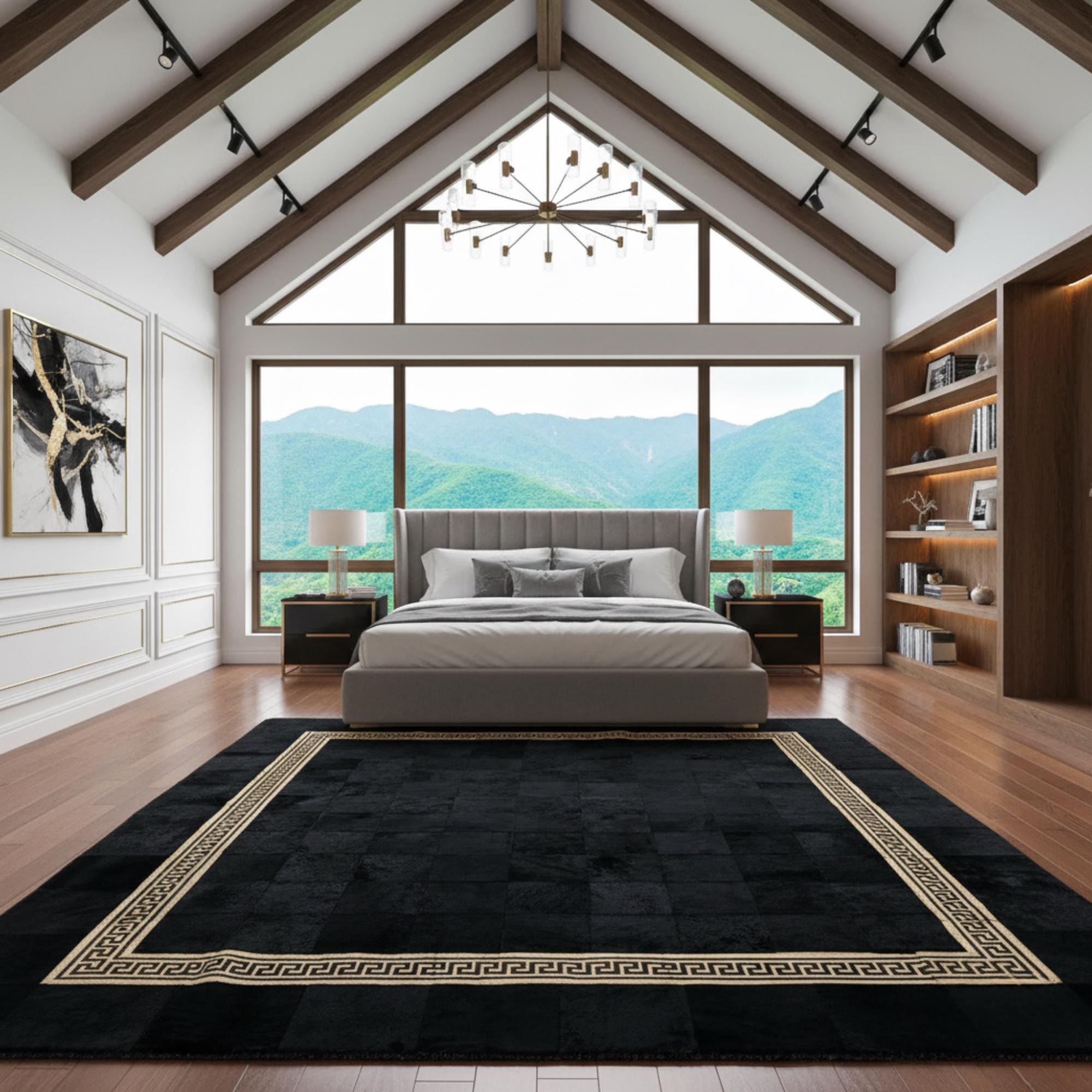 Black and Gold Cowhide Rug, Concentric Geometric Area Rug, Metallic Leather Mat