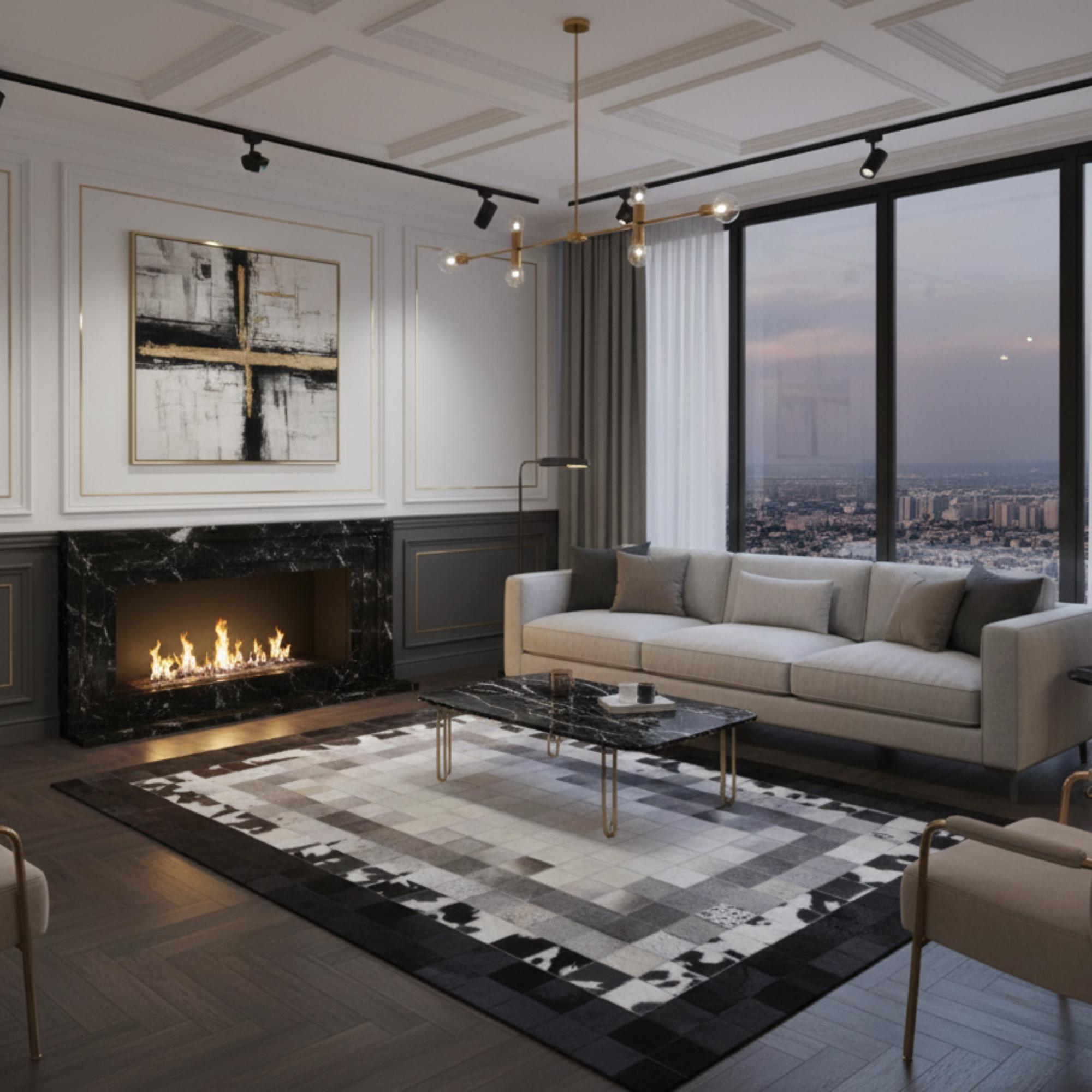 Black and White Cowhide Rug, Pixel Patchwork Area Rug, Mosaic Leather Carpet