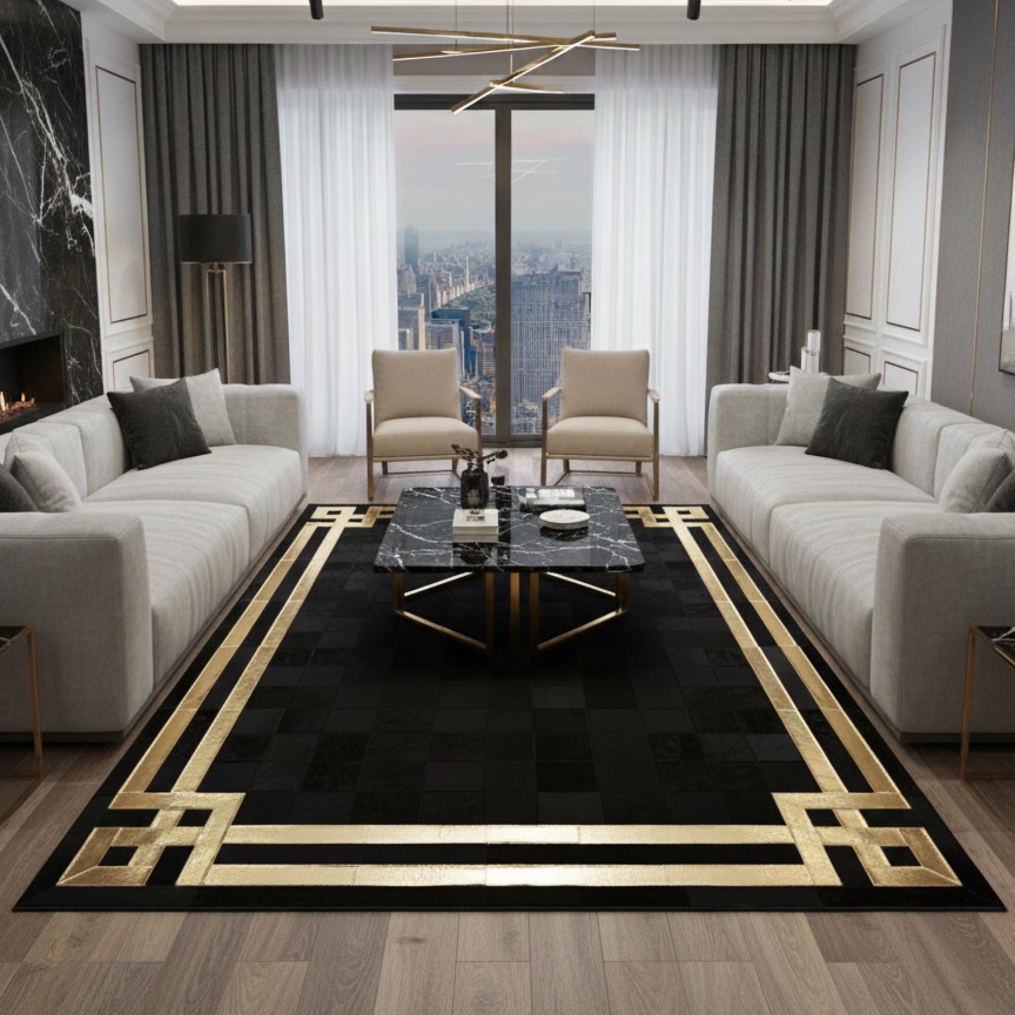 Black and Gold Cowhide Runner, Luxury Leather Mat, Gold Border Carpet,