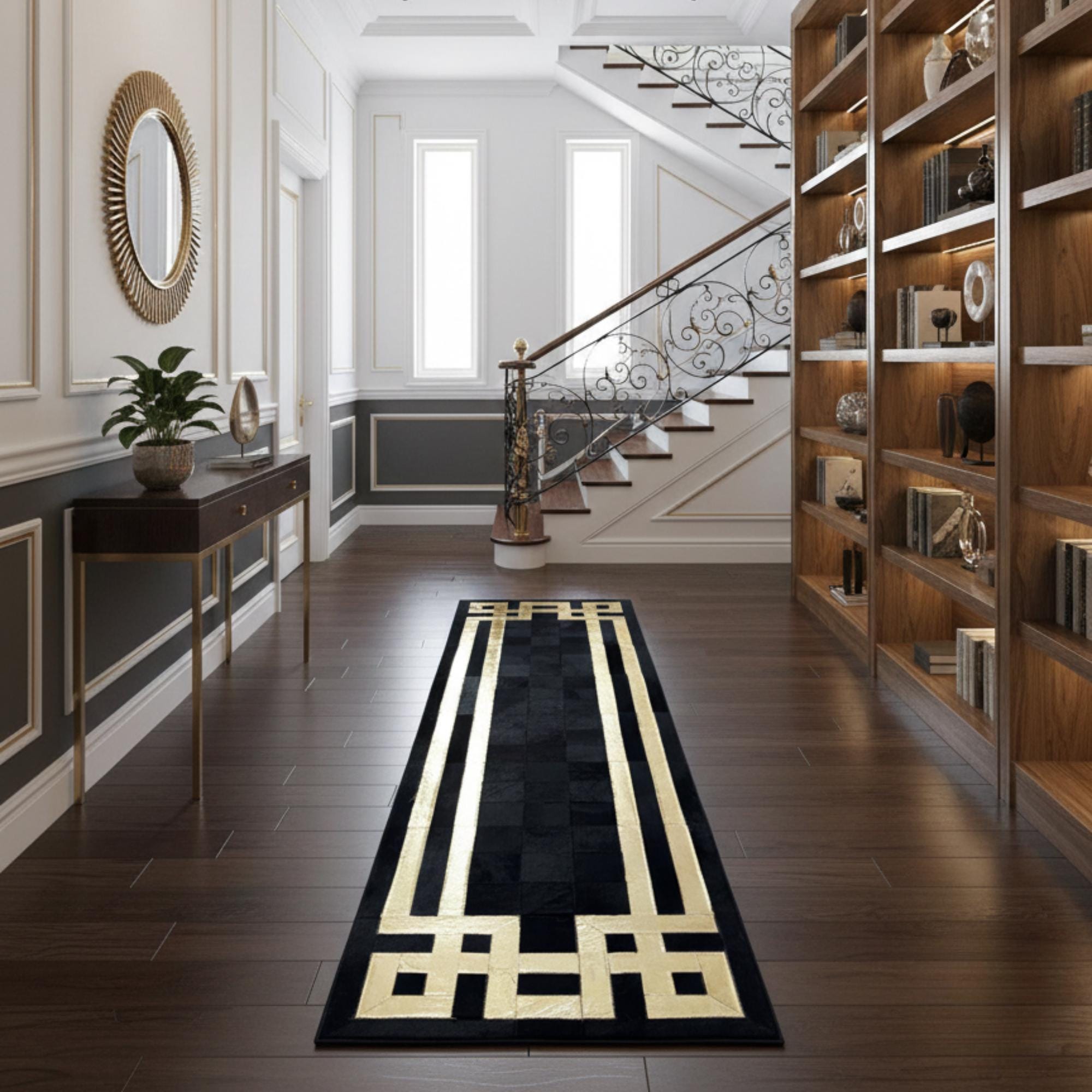 Black and Gold Cowhide Runner, Luxury Leather Mat, Gold Border Carpet,