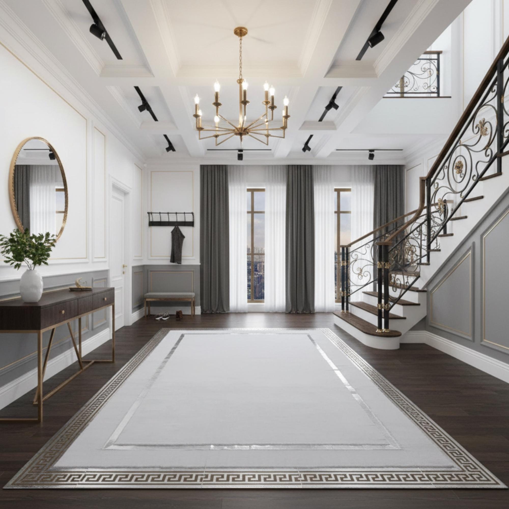 White Plush Rug with Silver Geometric Border, Modern Luxury Living Room