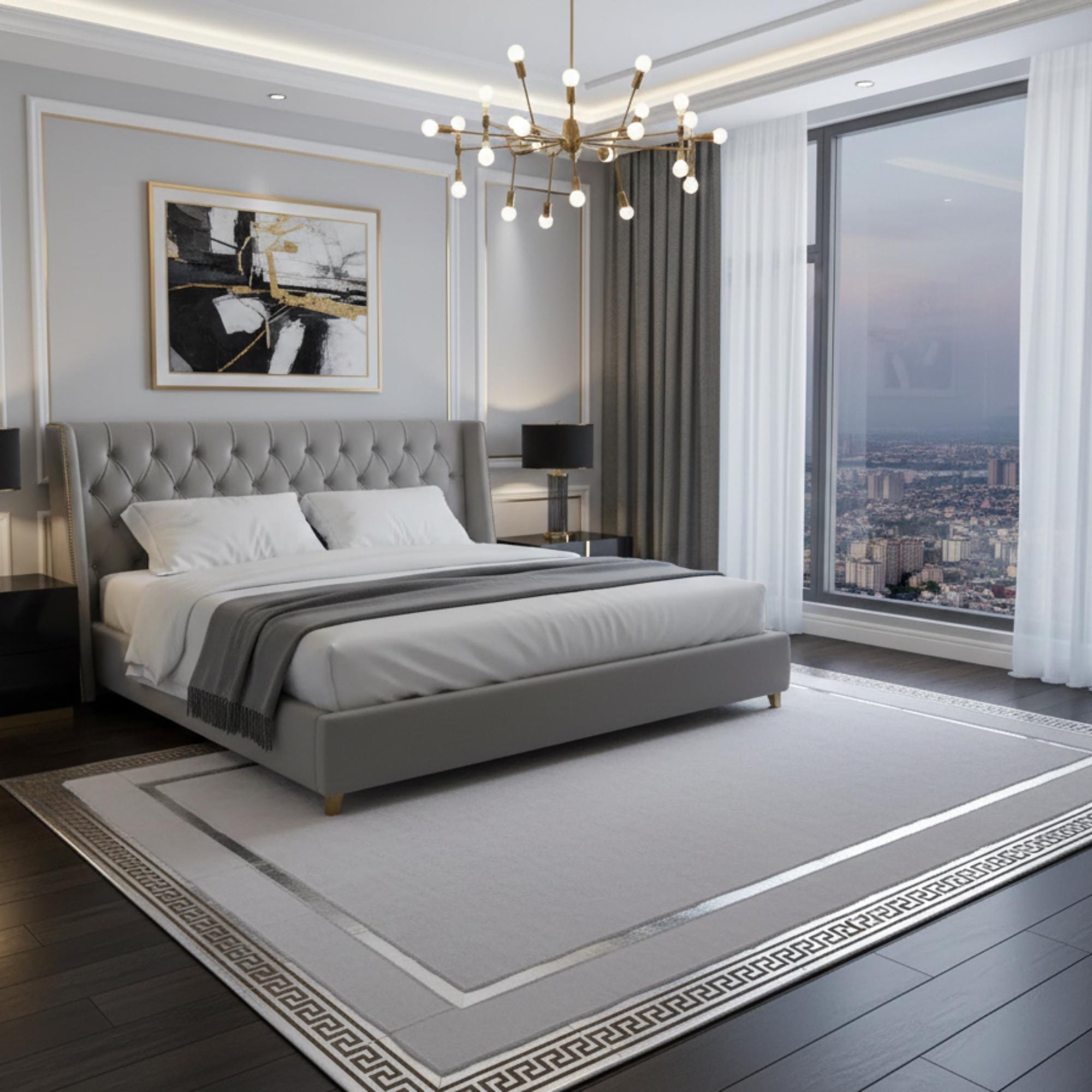 White Plush Rug with Silver Geometric Border, Modern Luxury Living Room