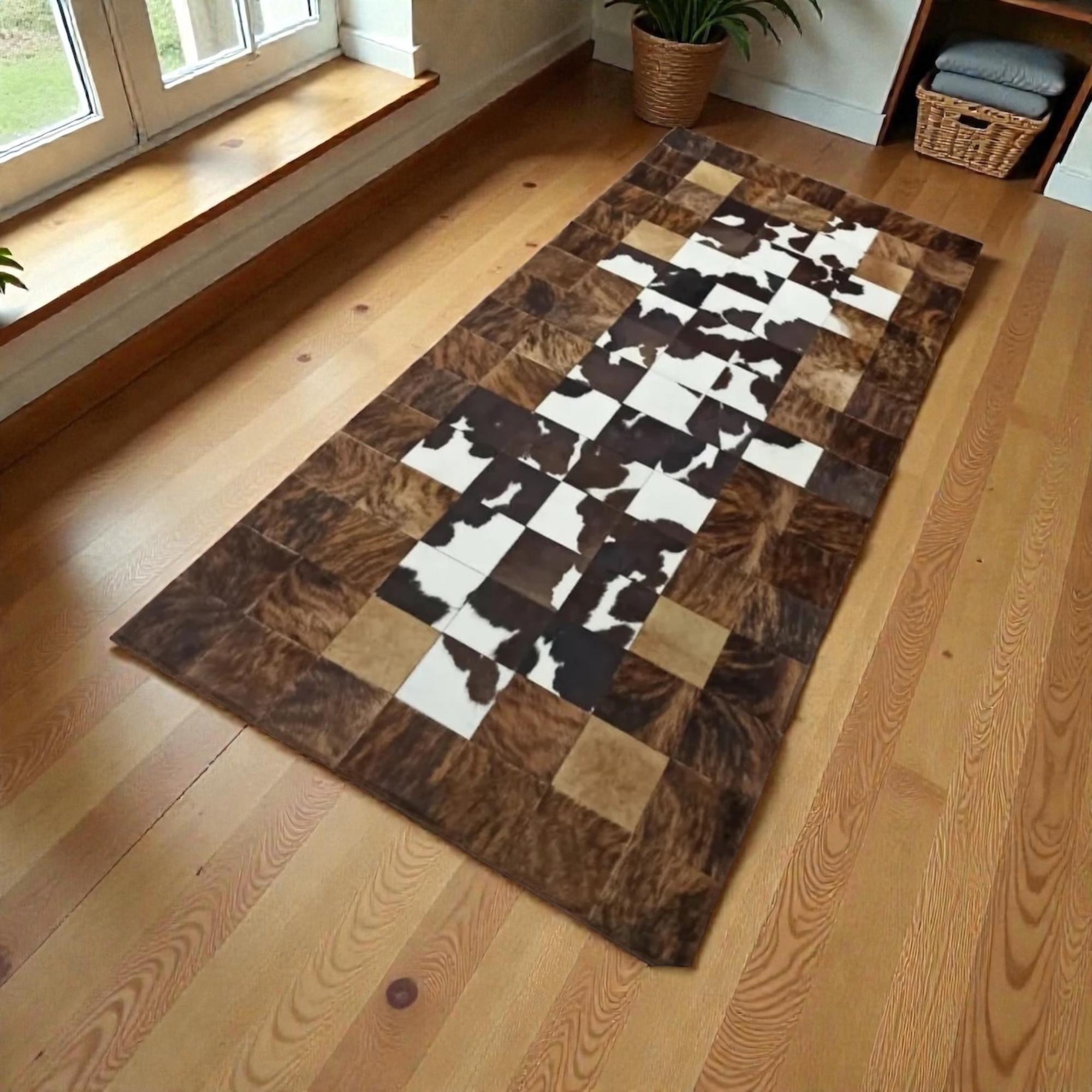 Brown and White Cowhide Runner, Hallway Area Rug, Patchwork Leather Mat