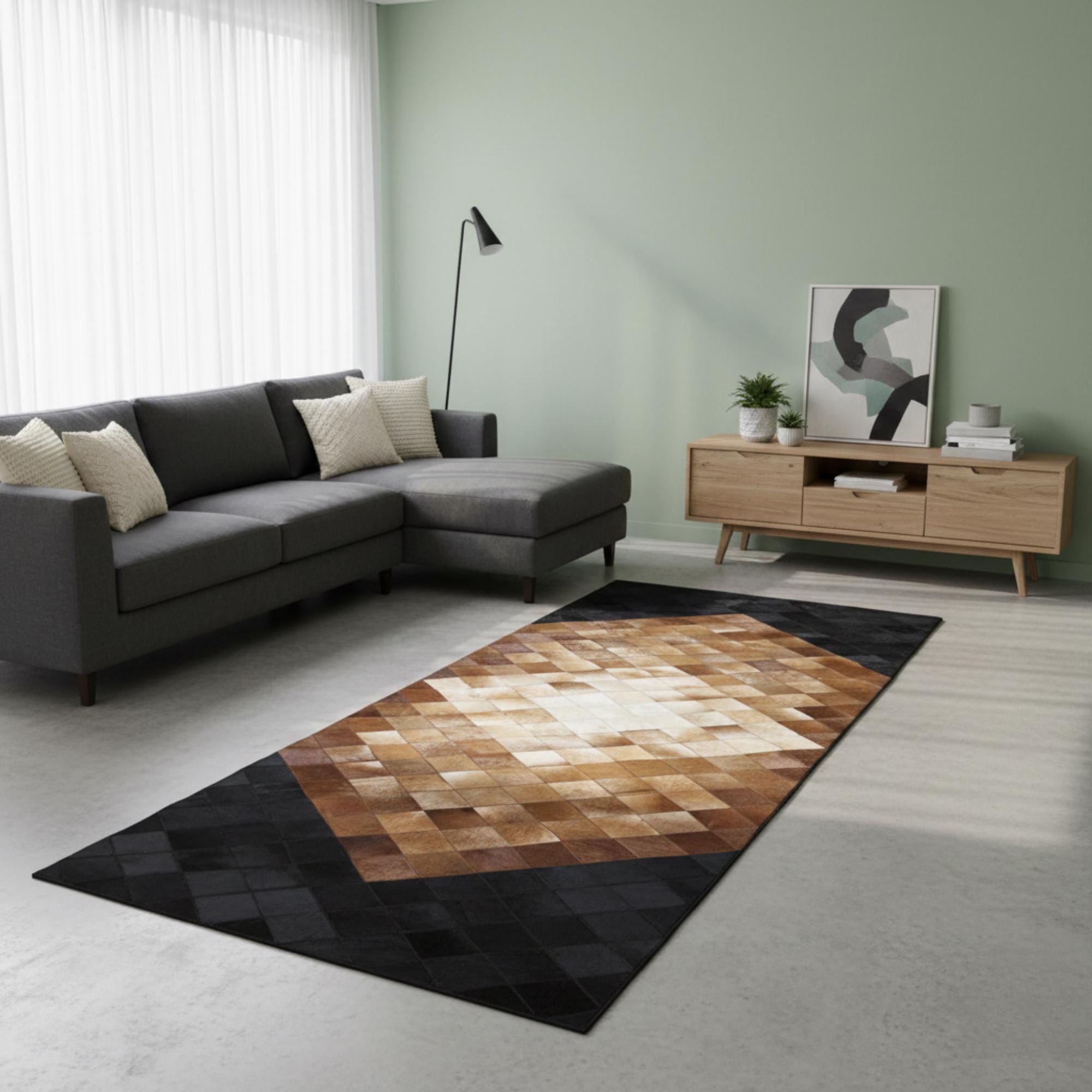 Black and Brown Cowhide Runner, Geometric Hallway Rug, Patchwork Leather Mat