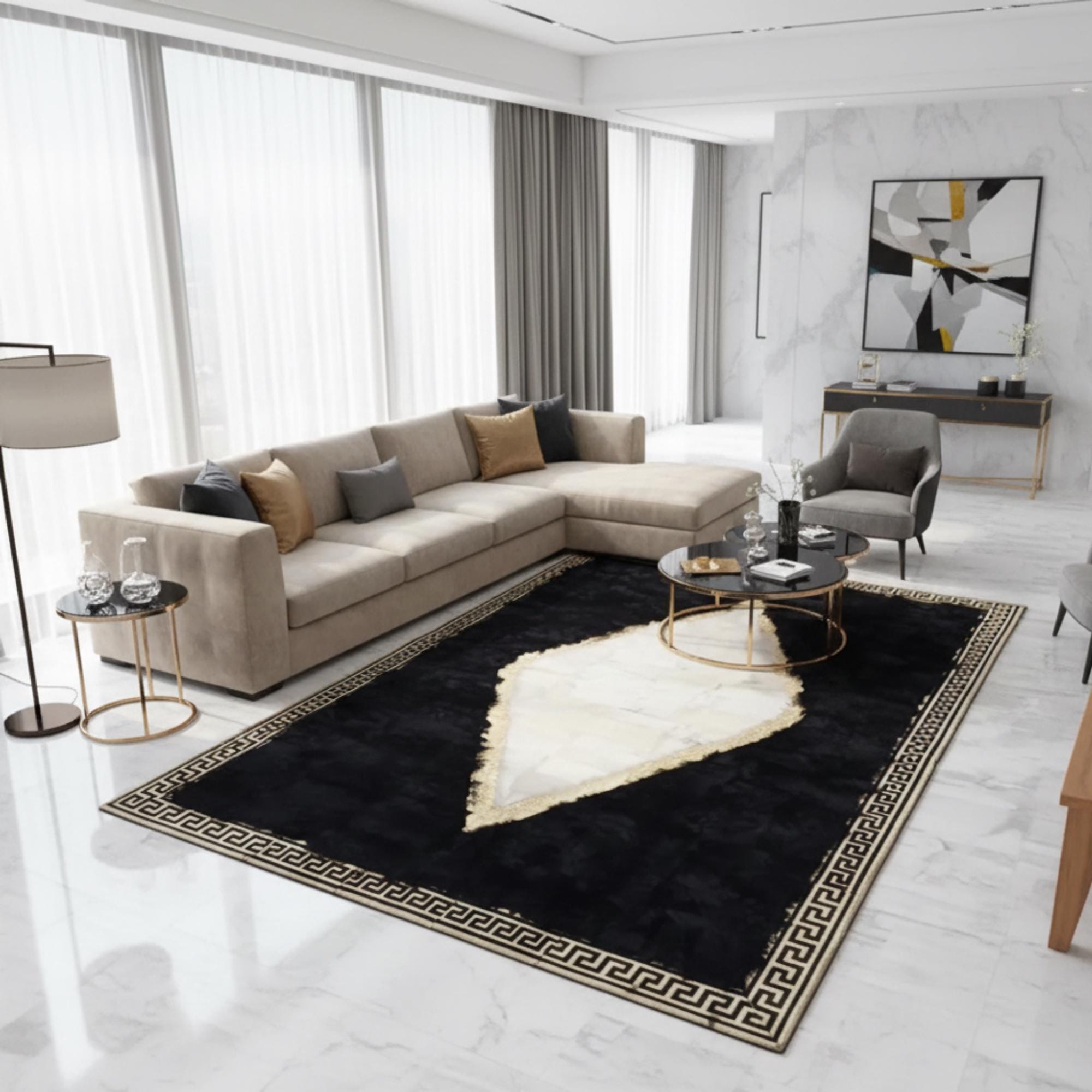 White Black and Gold Tuscan Rug, Geometric Border Tuscan Fur Area Rug,