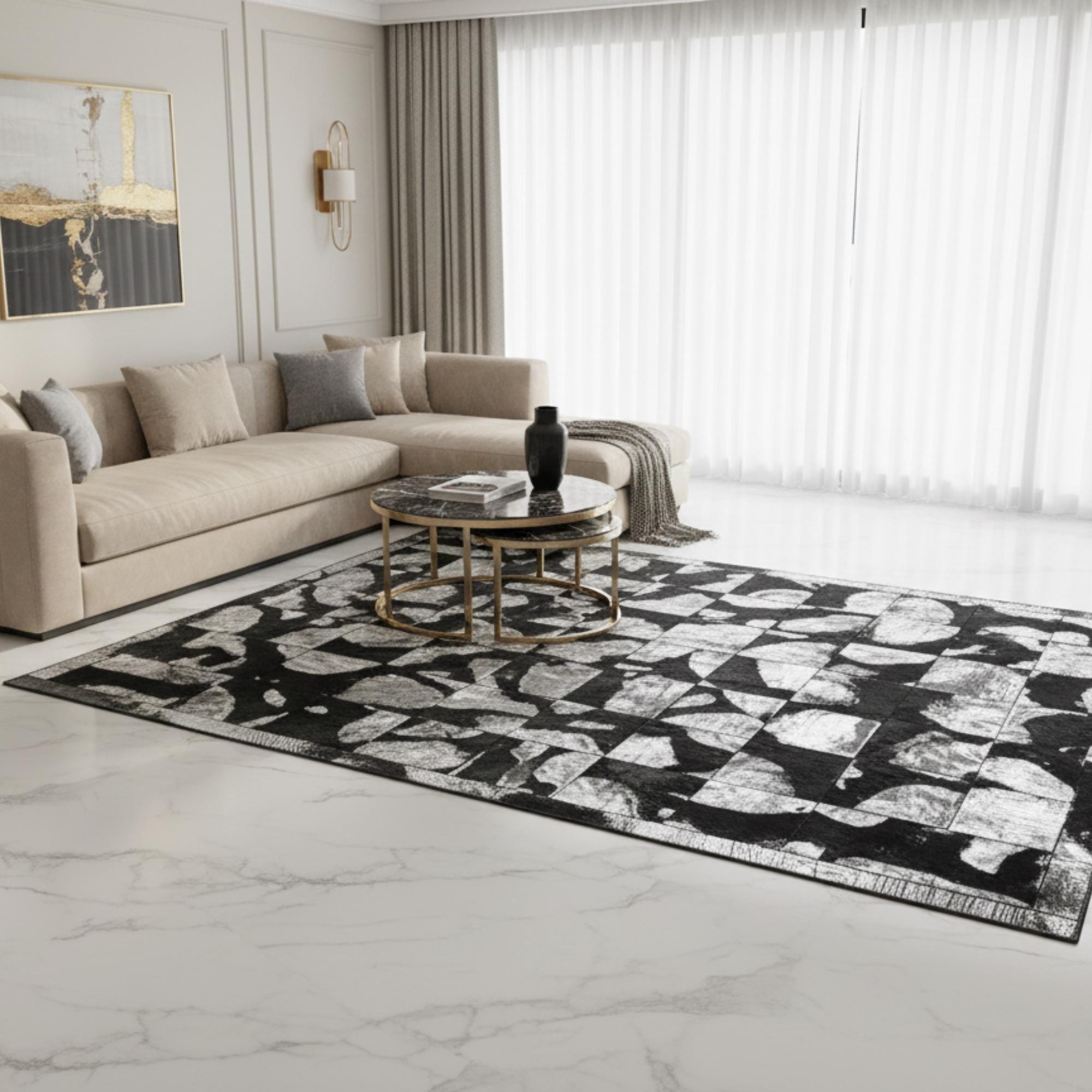 Black and Silver Cowhide Rug, Metallic Abstract Area Rug