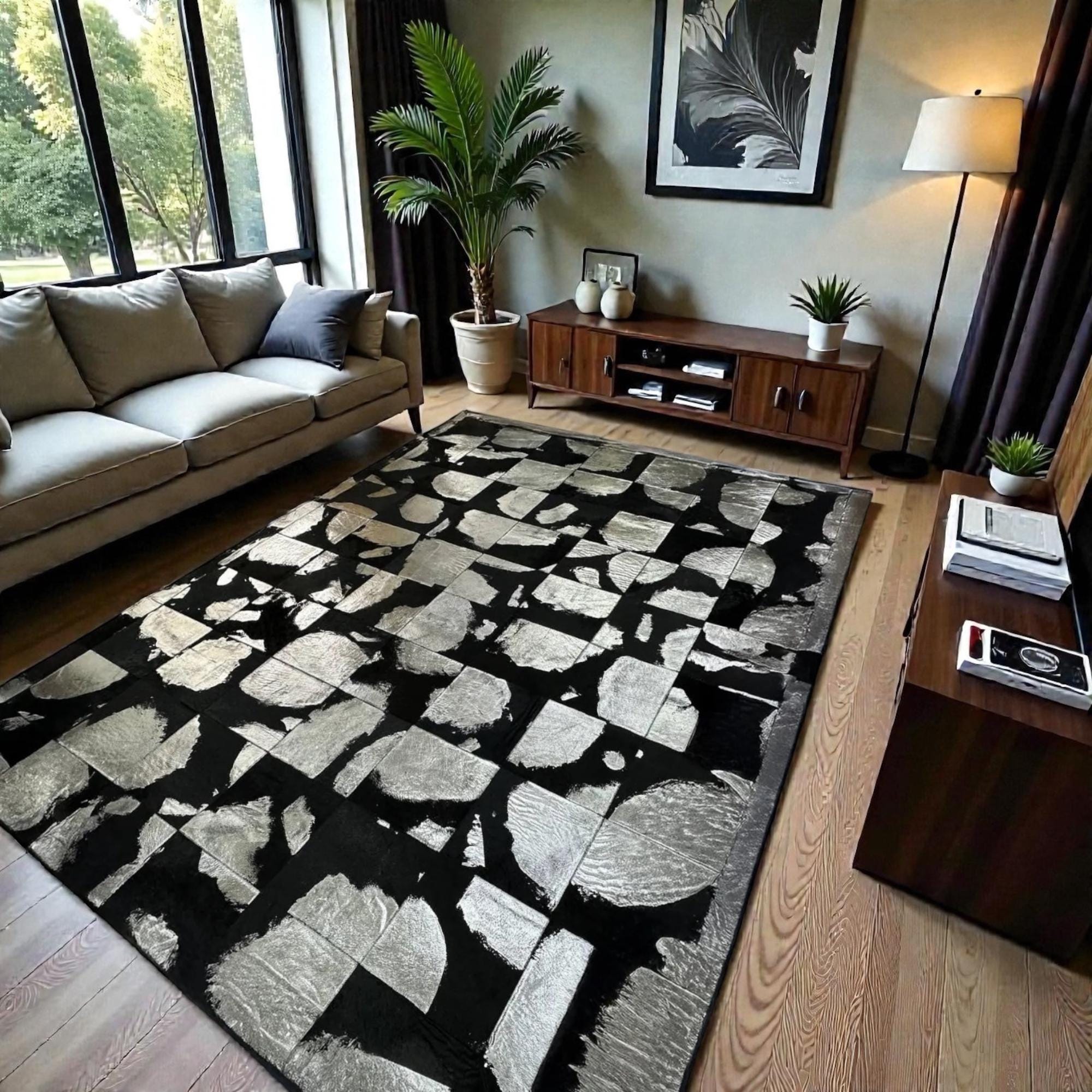 Black and Silver Cowhide Rug, Metallic Abstract Area Rug