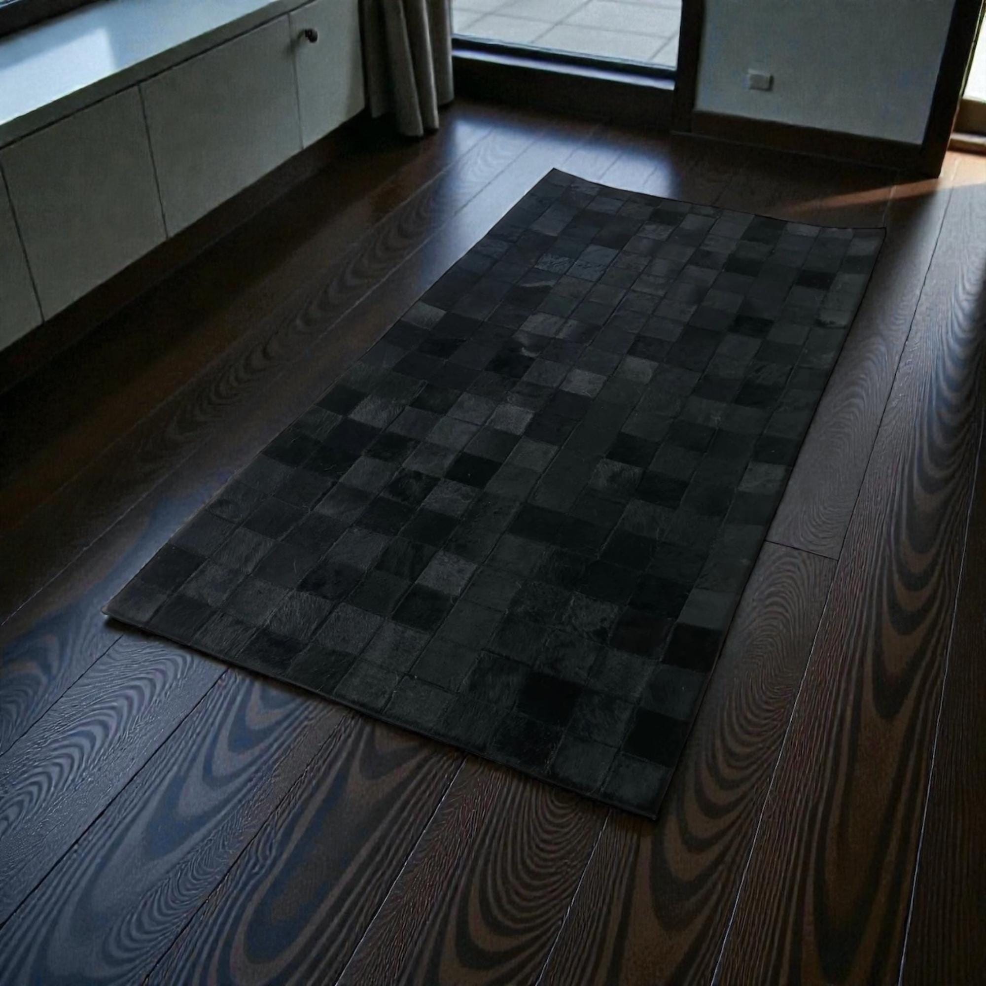 Dark Black Cowhide Rug, Solid Black Area Rug, Square Patchwork Leather Mat