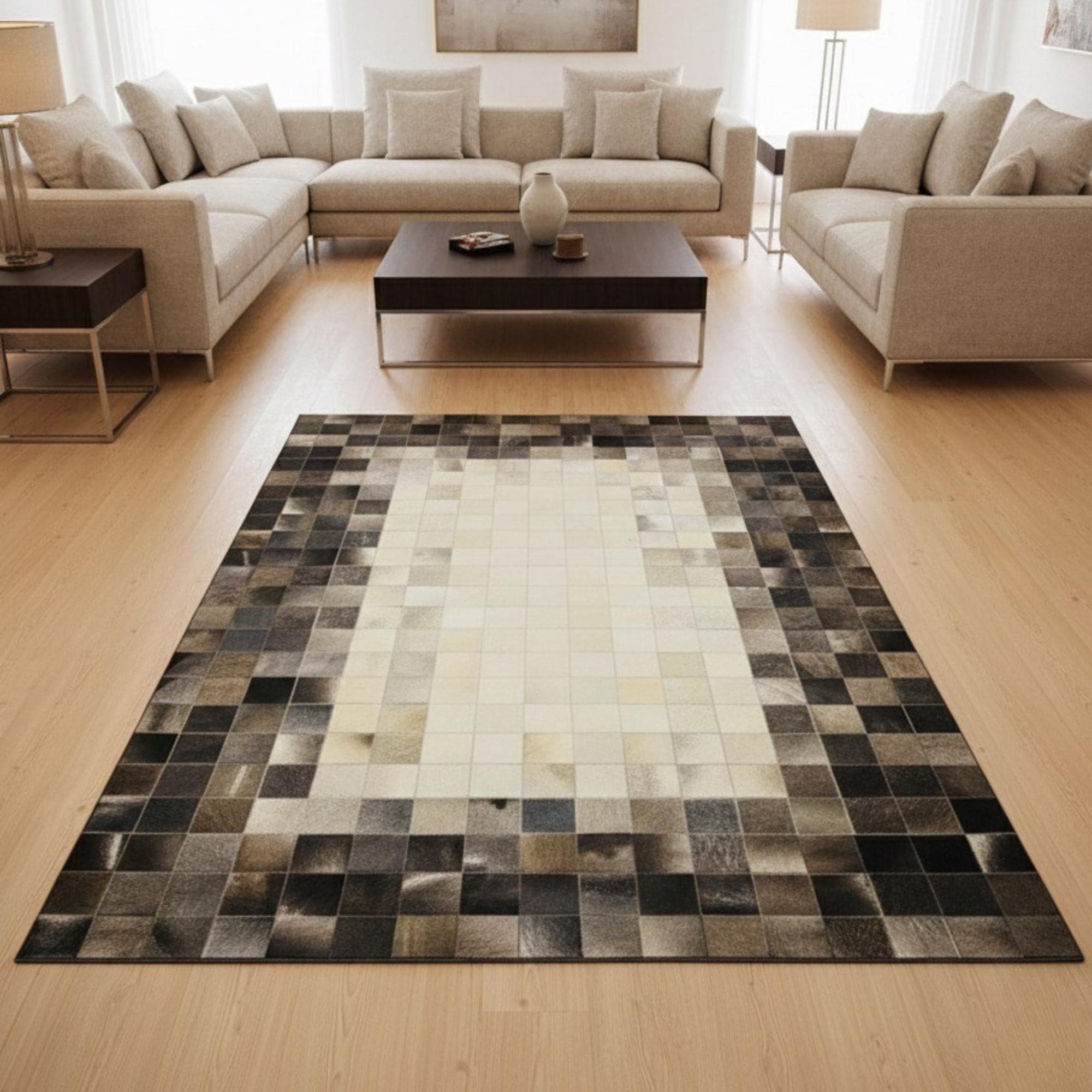 Cowhide Patchwork Rug, Brown Beige Geometric Square Pattern