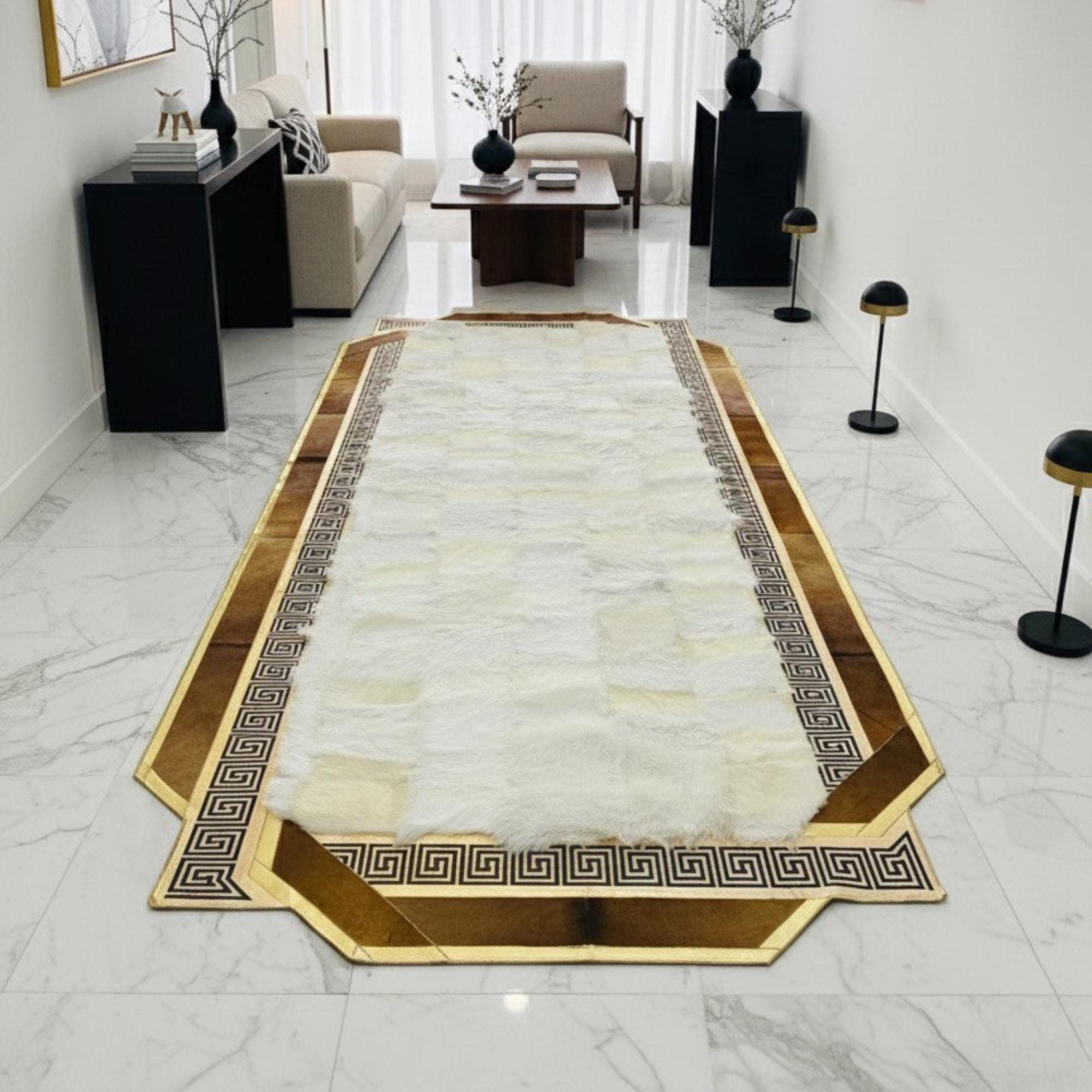 Tuscan Style Fur Runner Rug, White and Gold Hallway Carpet,