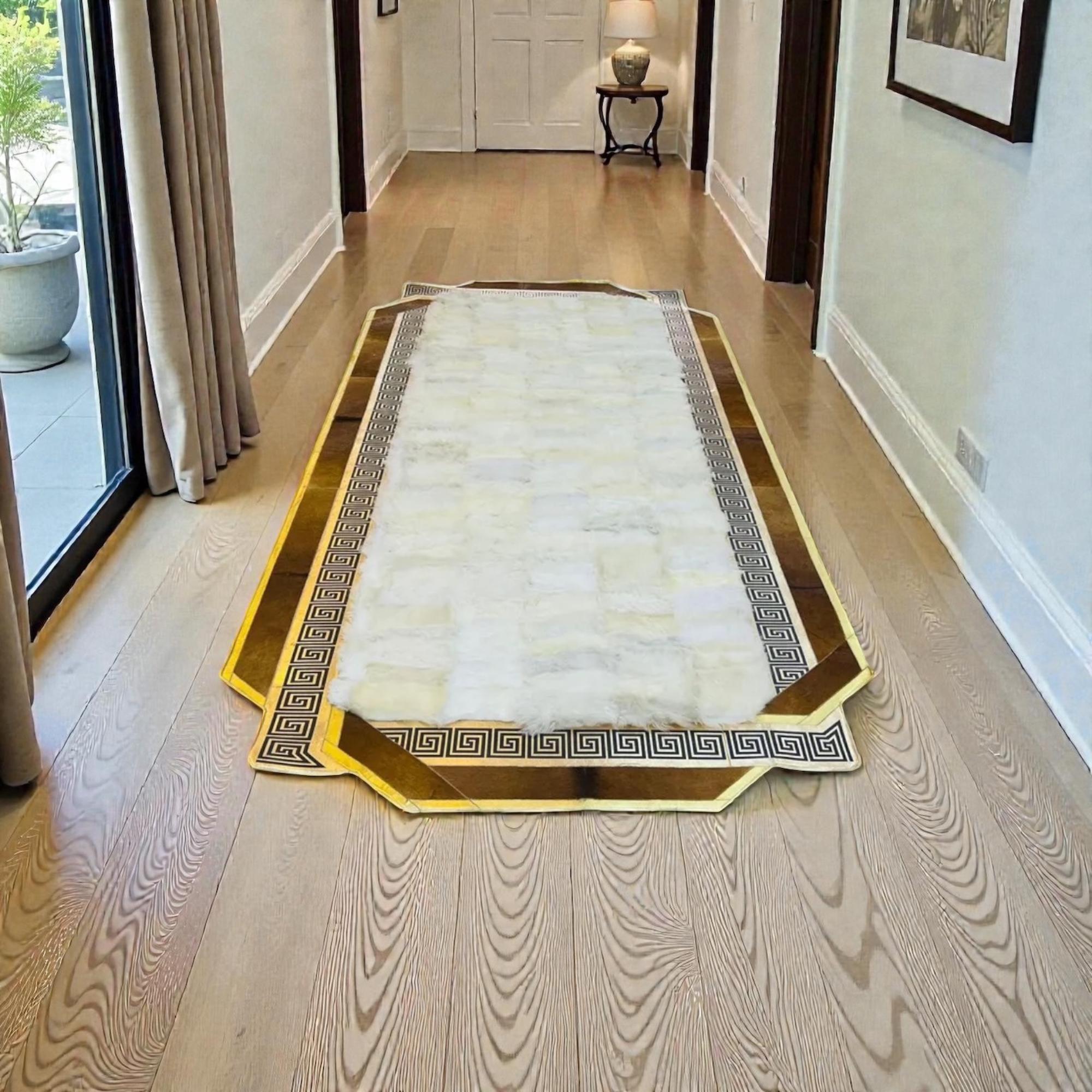 Tuscan Style Fur Runner Rug, White and Gold Hallway Carpet,