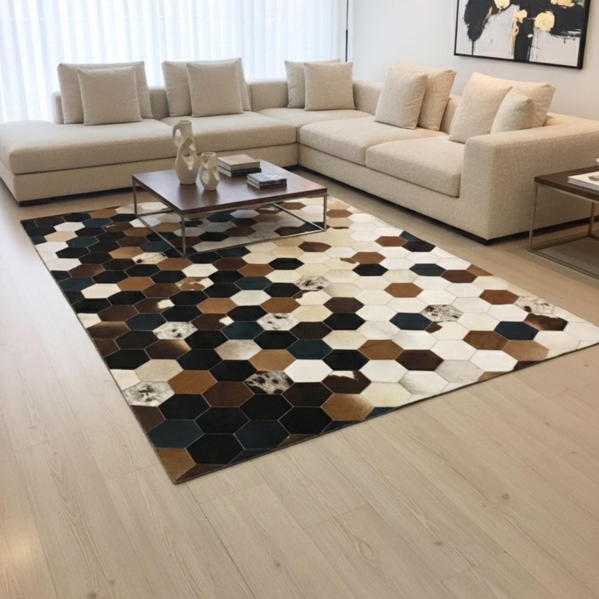Cowhide Patchwork Rug, Geometric Honeycomb Leather Carpet