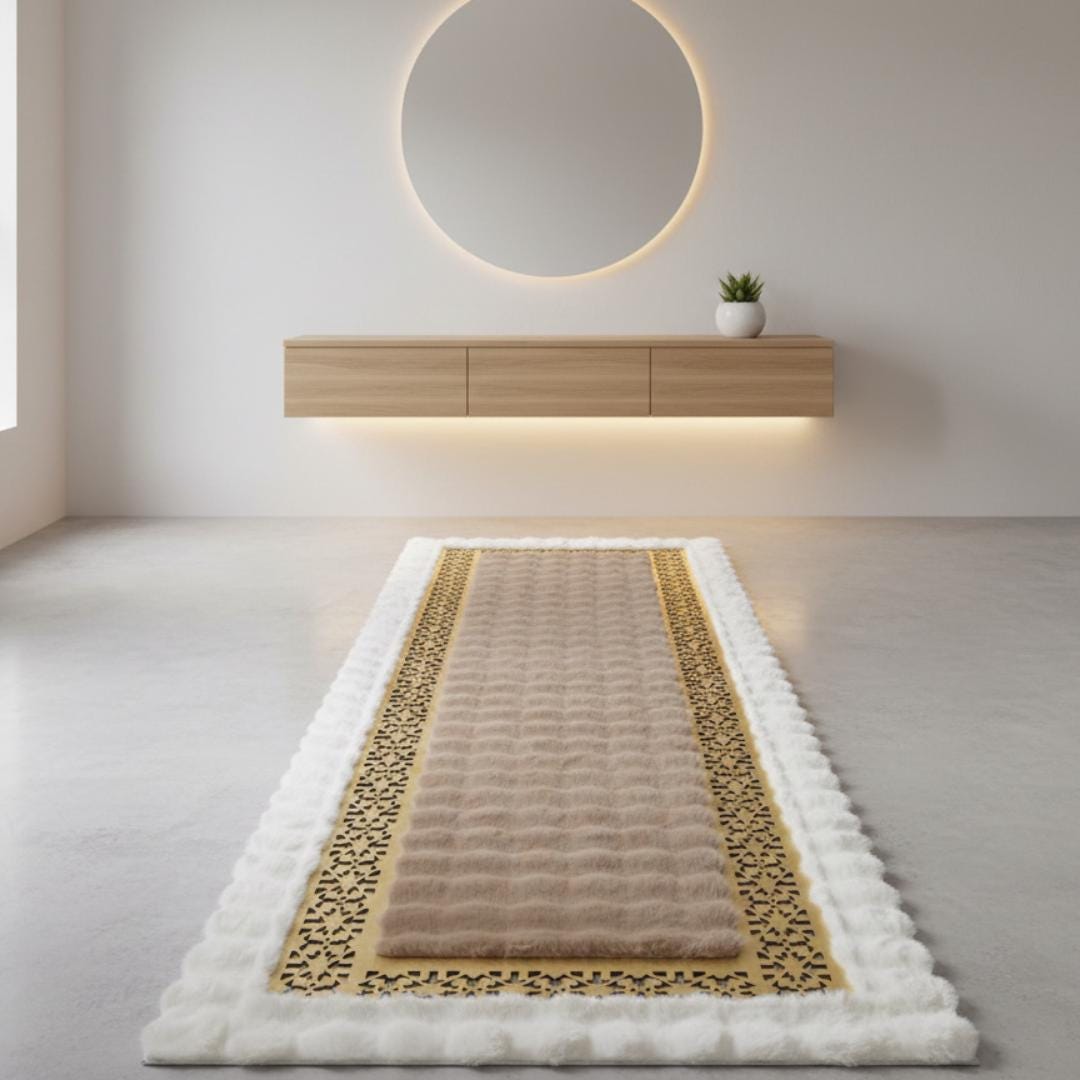 White and Brown Plush Runner, Gold Border Hallway Rug,