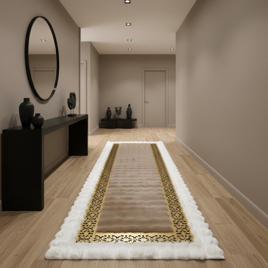 White and Brown Plush Runner, Gold Border Hallway Rug,