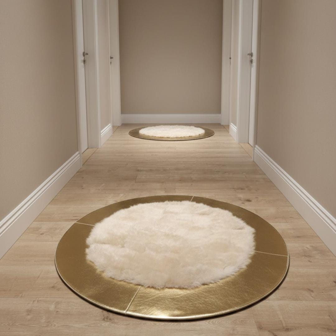 White and Gold Tuscan Round Rug, Circle Rug, Luxury Fur Mat