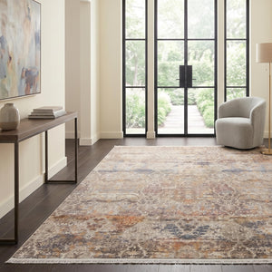 Distressed Oriental Area Rug, Beige Grey Blue Machine Made Carpet, Modern Farmhouse Style
