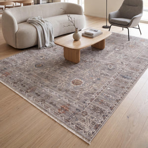 Grey Taupe Oriental Area Rug, Soft Floral Fringe, Traditional Living Room Carpet