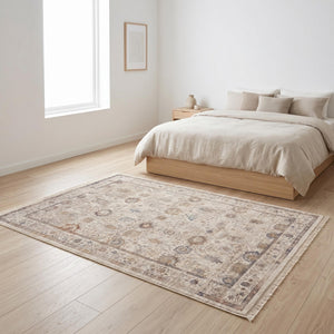 Cream Beige Oriental Floral Area Rug, Soft Traditional Fringe Living Room Carpet