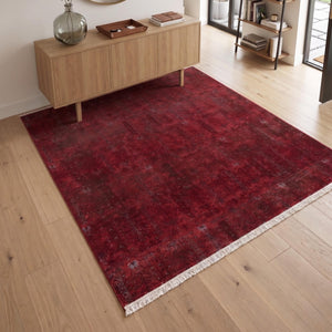 Distressed Abstract Red Area Rug, Machine Made Burgundy Fringe Carpet