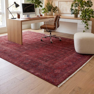 Distressed Oriental Area Rug, Machine Made Burgundy Traditional Carpet