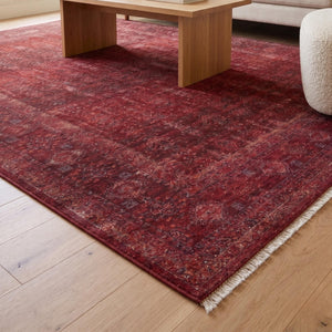 Distressed Oriental Area Rug, Machine Made Burgundy Traditional Carpet