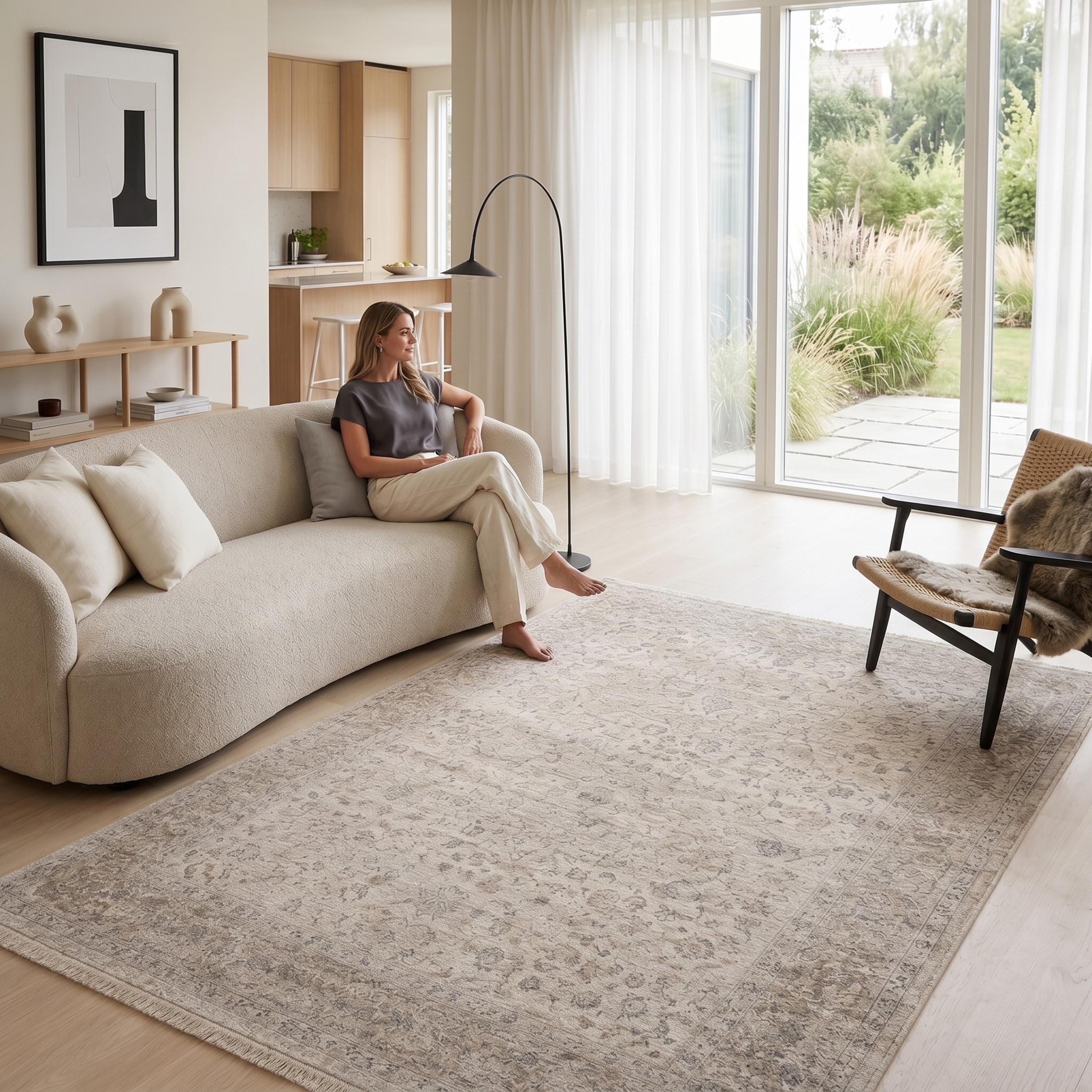Distressed Traditional Area Rug, Beige Grey Living Room Carpet, Soft Neutral Tones