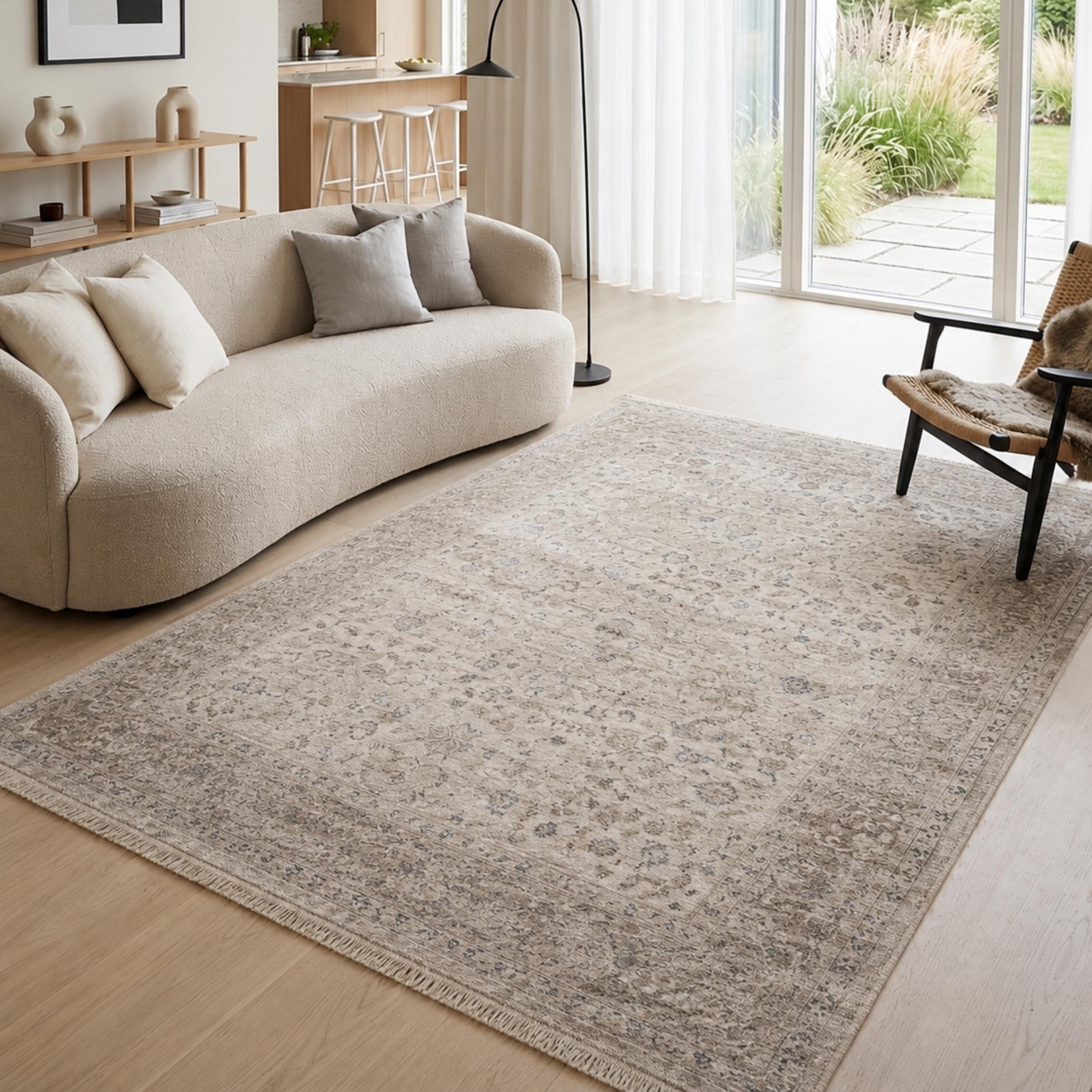 Distressed Traditional Area Rug, Beige Grey Living Room Carpet, Soft Neutral Tones