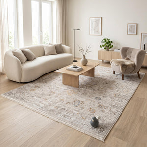 Neutral Oriental Distressed Area Rug, Beige Ivory Living Room Carpet, Farmhouse Style