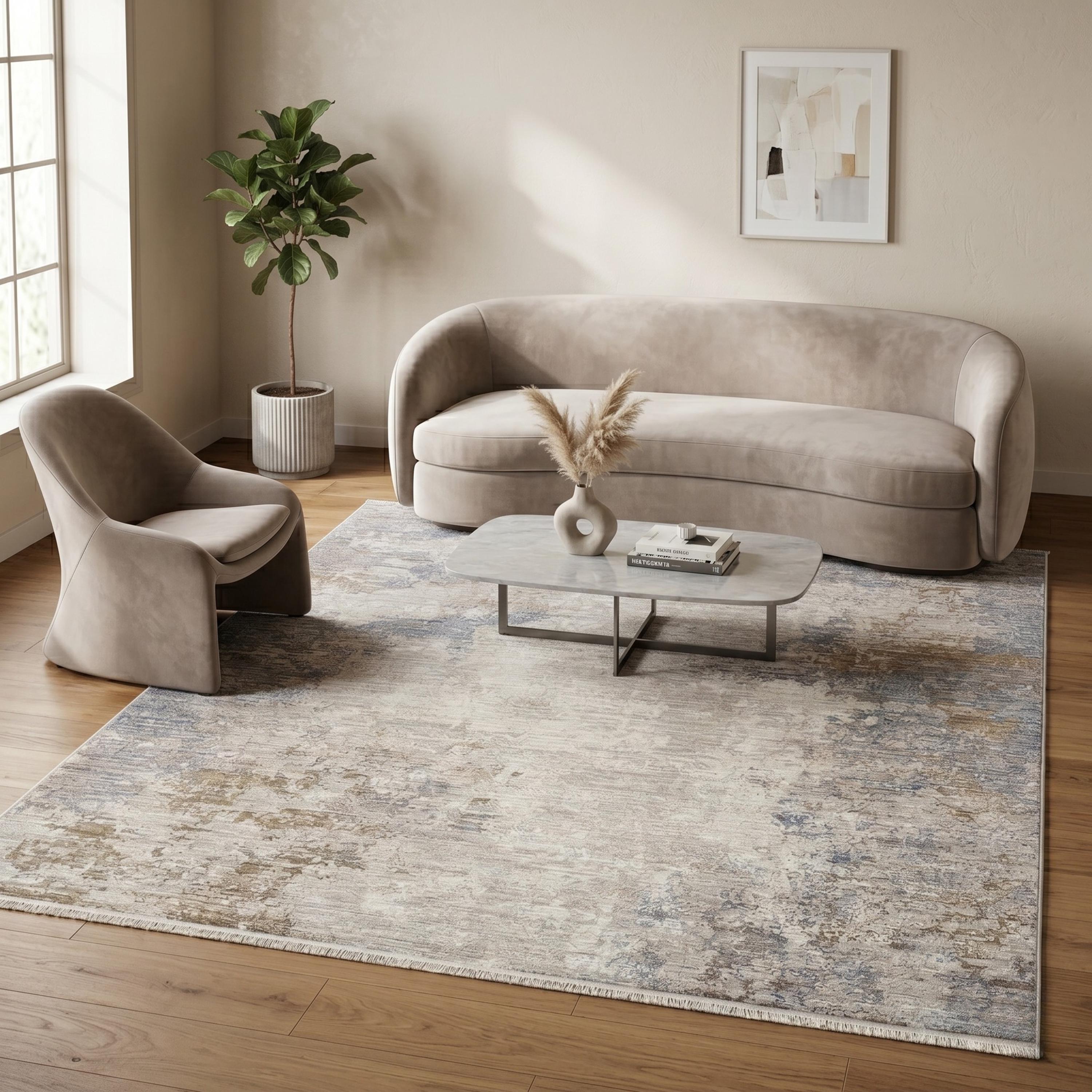 Neutral Abstract Area Rug, Beige Gray Distressed Modern Living Room Carpet