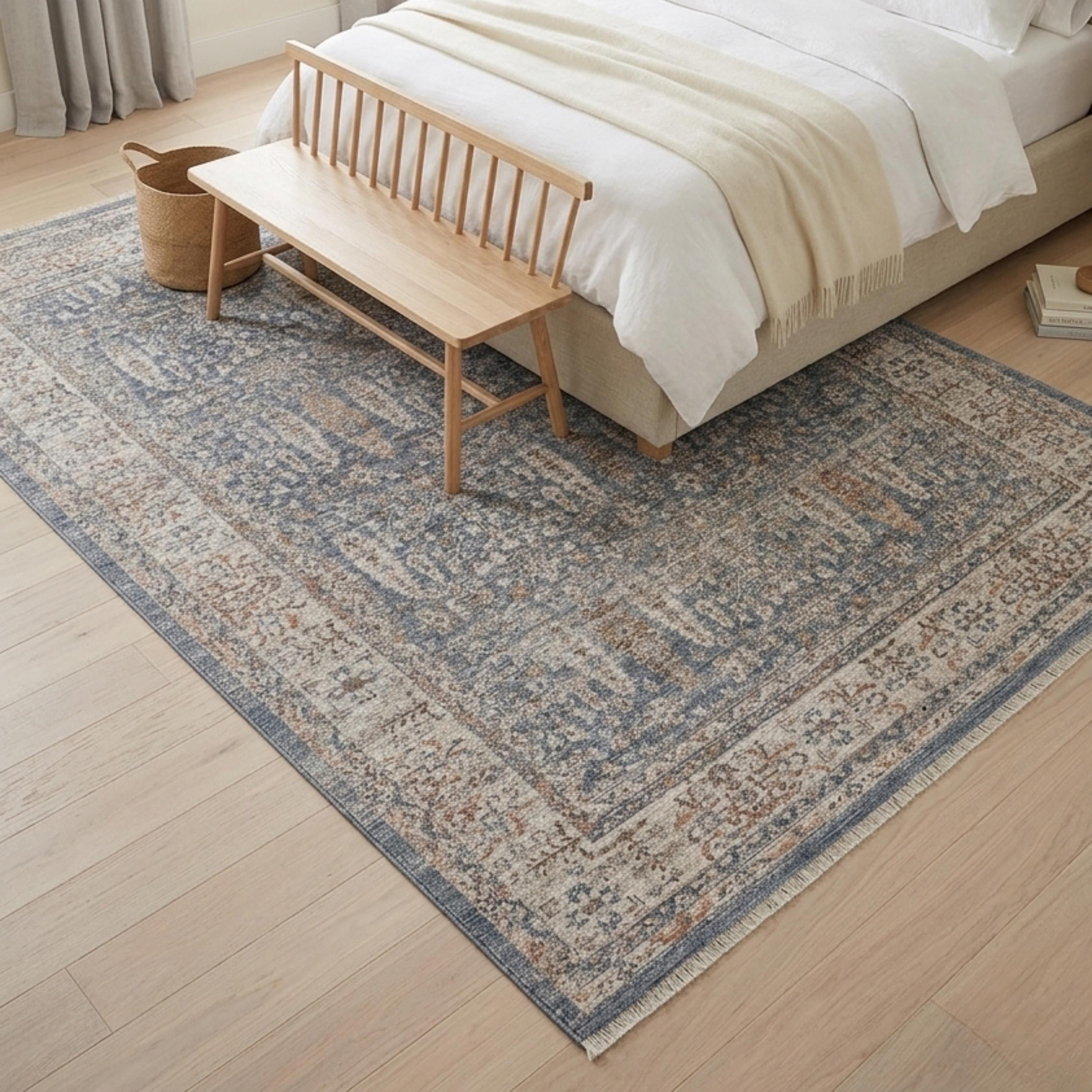 Distressed Oriental Area Rug, Blue Beige Vintage Style Living Room Carpet