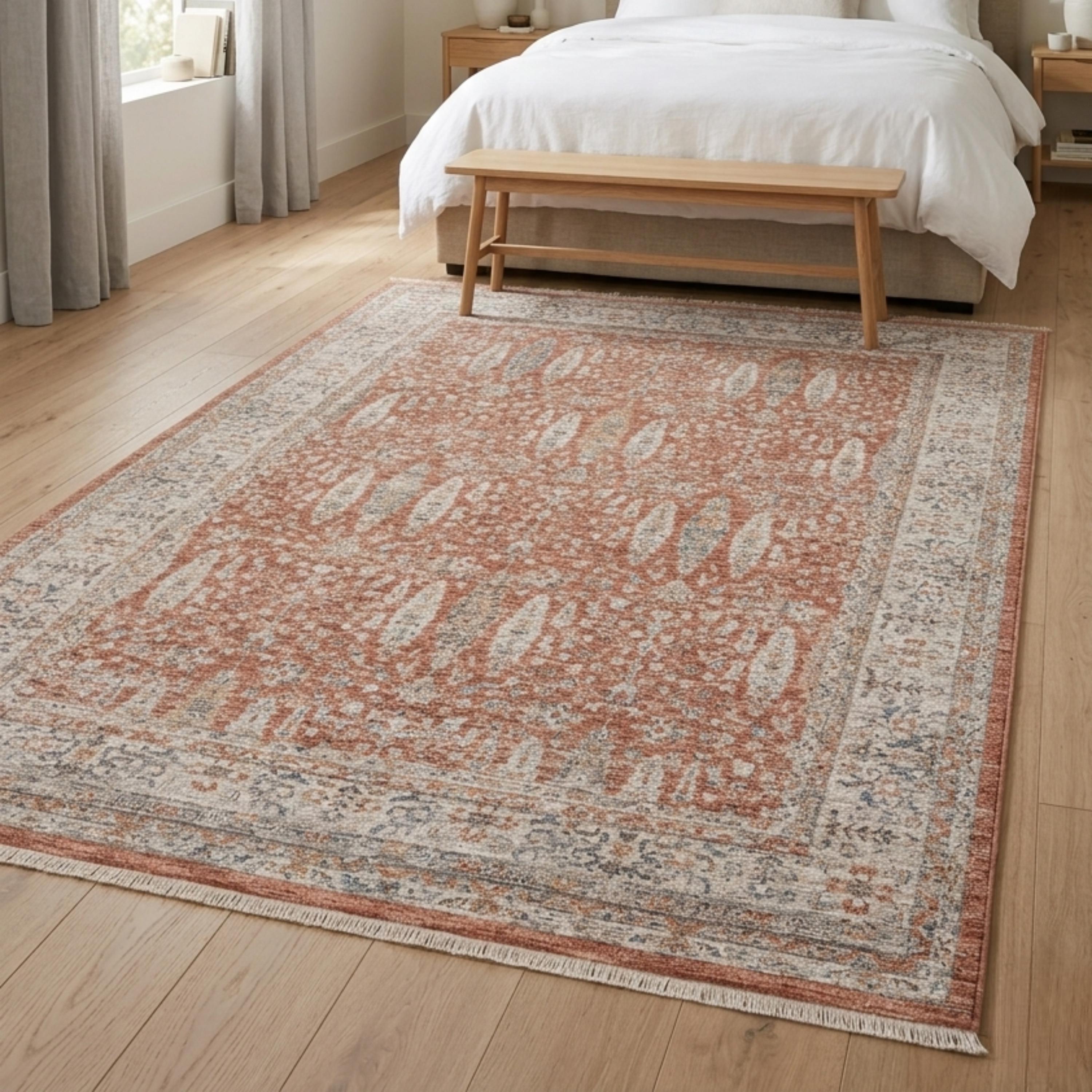 Distressed Oriental Terracotta Area Rug, Vintage Style Living Room Carpet