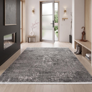 Charcoal Grey Distressed Abstract Area Rug, Modern Minimalist Floor Carpet