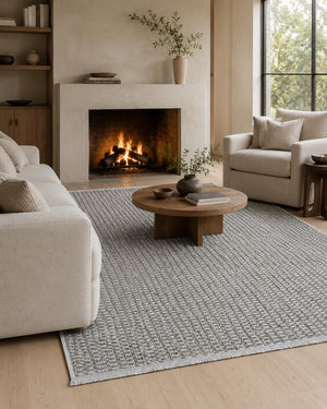 Grey Woven Area Rug, Textured Basketweave Carpet, Scandinavian Japandi Living Room Floor Rug