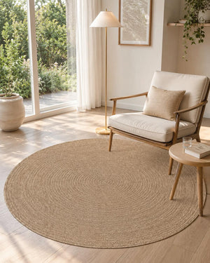 Round Jute-Style Beige Area Rug, Textured Boho Coastal Carpet (5.2 FT)
