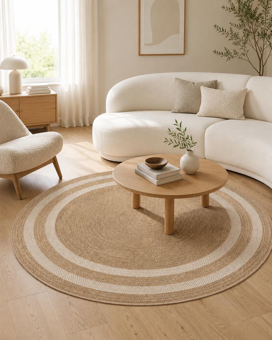 Round Striped Jute Style Area Rug, Boho Coastal Living Room Carpet