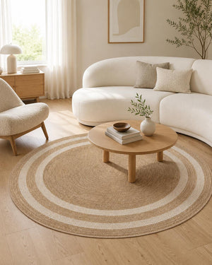 Round Striped Jute Style Area Rug, Boho Coastal Living Room Carpet