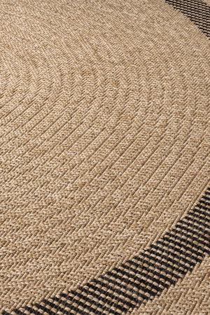 Round Jute-Style Beige Area Rug, Black Stripe Boho Coastal Carpet