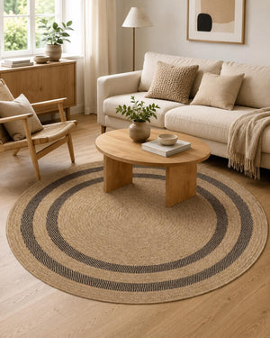 Round Jute-Style Beige Area Rug, Black Stripe Boho Coastal Carpet