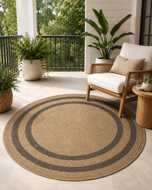 Round Jute-Style Beige Area Rug, Black Stripe Boho Coastal Carpet