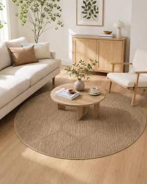 Round Beige Geometric Jute Style Area Rug, Boho Minimalist Living Room Carpet (5.2FT)