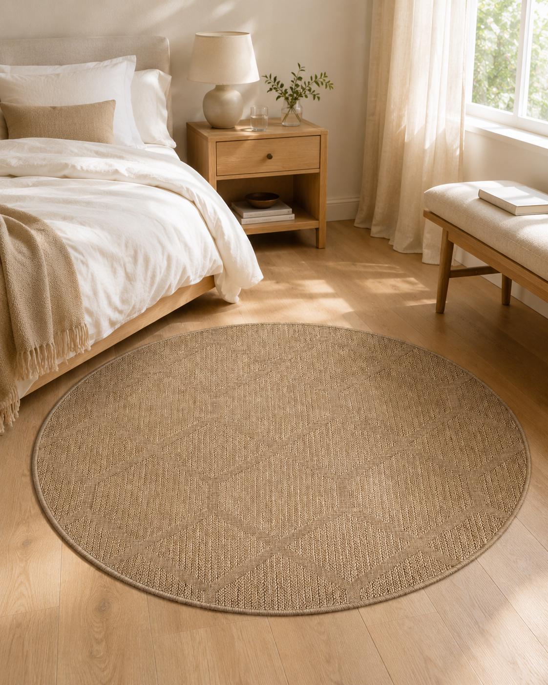 Round Beige Geometric Jute Style Area Rug, Boho Minimalist Living Room Carpet (5.2FT)
