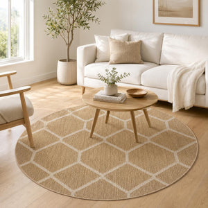 Round Beige Honeycomb Geometric Area Rug, Neutral Living Room Carpet (5.2x5.2 FT)