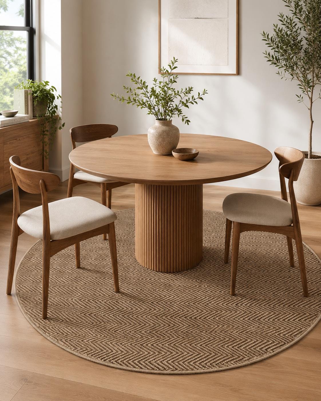 Round Herringbone Area Rug, Natural Woven Boho Carpet, Scandinavian Bedroom Accent (5.2 FT)