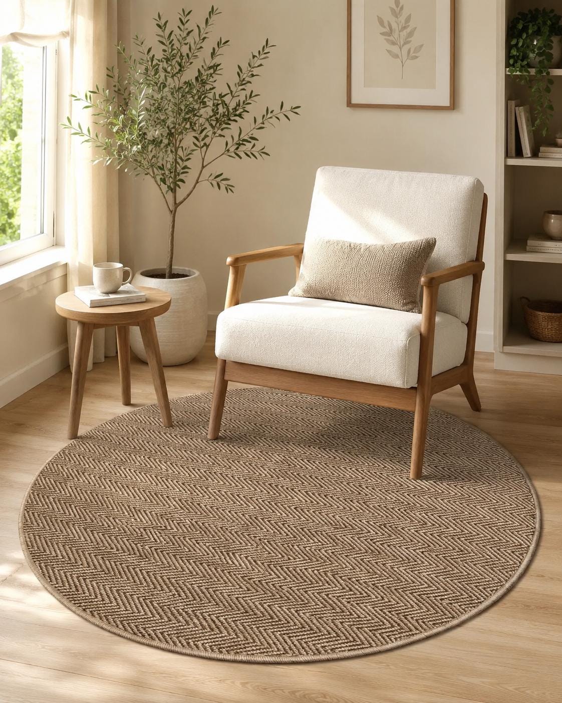 Round Herringbone Area Rug, Natural Woven Boho Carpet, Scandinavian Bedroom Accent (5.2 FT)