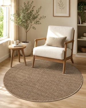 Round Herringbone Area Rug, Natural Woven Boho Carpet, Scandinavian Bedroom Accent (5.2 FT)