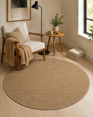 Round Jute-Style Beige Area Rug, Minimalist Woven Living Room Carpet (5.2x5.2FT)