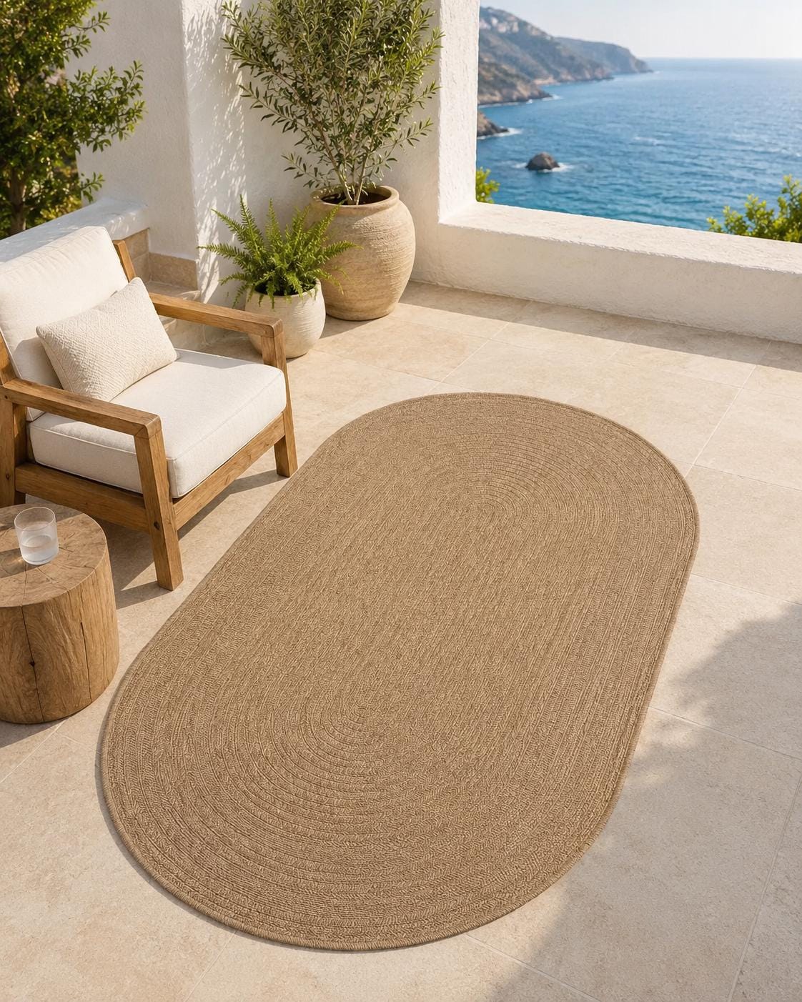 Oval Textured Jute-Style Area Rug, Boho Scandinavian Living Room Carpet