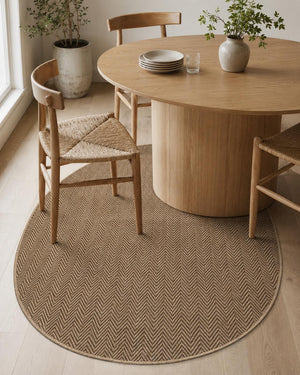 Brown Oval Herringbone Rug, Natural Woven Farmhouse Carpet, Minimalist Living Room Bedroom